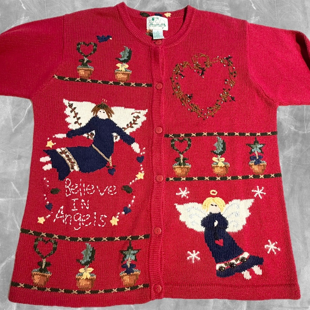 VINTAGE 90s angel‎ folk art knit sweater cardigan primitive artsy topiary heart